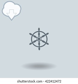 Ship steering icon with shadow. Cloud of download with arrow.