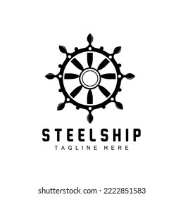 Ship Steering Logo, Ocean Icons Ship Steering Vector With Ocean Waves, Sailboat Anchor And Rope, Company Brand Sailing Design