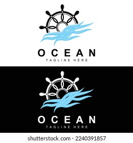 Ship Steering Logo, Ocean Icons Ship Steering Vector With Ocean Waves, Sailboat Anchor And Rope, Company Brand Sailing Design