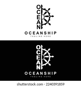 Ship Steering Logo, Ocean Icons Ship Steering Vector With Ocean Waves, Sailboat Anchor And Rope, Company Brand Sailing Design