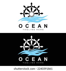 Ship Steering Logo, Ocean Icons Ship Steering Vector With Ocean Waves, Sailboat Anchor And Rope, Company Brand Sailing Design