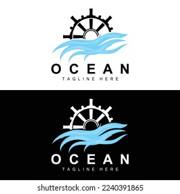 Ship Steering Logo, Ocean Icons Ship Steering Vector With Ocean Waves, Sailboat Anchor And Rope, Company Brand Sailing Design