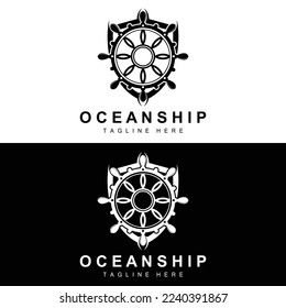 Ship Steering Logo, Ocean Icons Ship Steering Vector With Ocean Waves, Sailboat Anchor And Rope, Company Brand Sailing Design