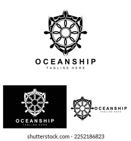 Ship Steering Logo, Ocean Icons Ship Steering Vector With Ocean Waves, Sailboat Anchor And Rope, Company Brand Sailing Design