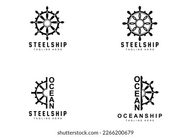 Ship Steering Logo, Ocean Icons Ship Steering Vector With Ocean Waves, Sailboat Anchor And Rope, Company Brand Sailing Design