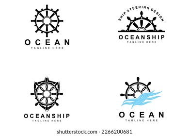 Ship Steering Logo, Ocean Icons Ship Steering Vector With Ocean Waves, Sailboat Anchor And Rope, Company Brand Sailing Design