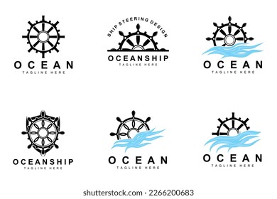 Ship Steering Logo, Ocean Icons Ship Steering Vector With Ocean Waves, Sailboat Anchor And Rope, Company Brand Sailing Design