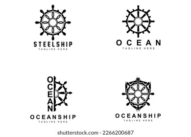 Ship Steering Logo, Ocean Icons Ship Steering Vector With Ocean Waves, Sailboat Anchor And Rope, Company Brand Sailing Design