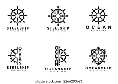 Ship Steering Logo, Ocean Icons Ship Steering Vector With Ocean Waves, Sailboat Anchor And Rope, Company Brand Sailing Design