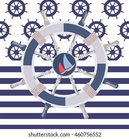 Ship steering wheal. Nautical wheel and striped background. Vector maritime theme 