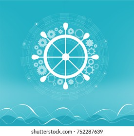 Ship steering wheel and abstract waves.
Business concept illustration representing control, support and delivery the service. 