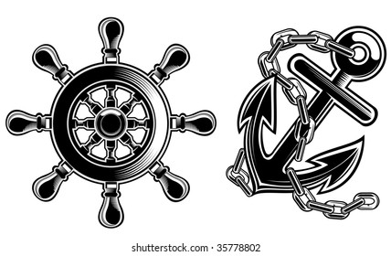 ship steering wheel and anchor