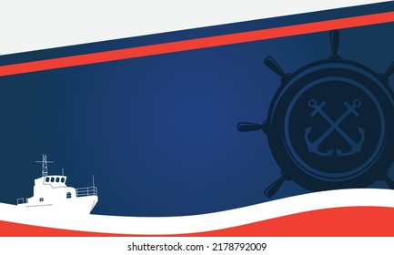 ship steering wheel and anchor, background coast guard with navy color and space 