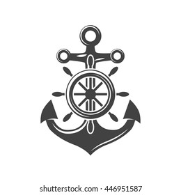 Ship steering wheel and anchor. Black icon, logo element, flat vector illustration isolated on white background.