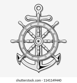 Ship Steering Wheel and Anchor. Icon isolated on white background. 