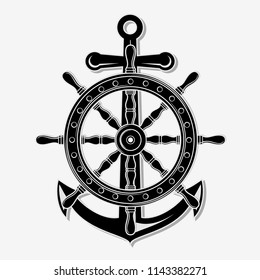 Ship Steering Wheel and Anchor. Icon isolated on white background. 