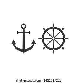 Ship steering wheel, anchor icon. Vector illustration, flat design.