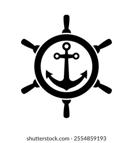 Ship steering wheel and anchor icon. Black silhouette. Front view. Vector simple flat graphic illustration. Isolated object on white background. Isolate.