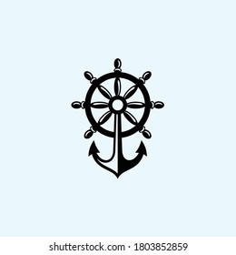 ship steering wheel with anchor logo design vector silhouette illustration on white background