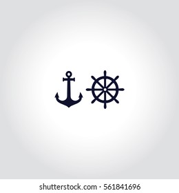 Ship Steering Wheel And Anchor  Vector Icon.