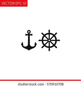 Ship Steering Wheel And Anchor  Vector Icon.