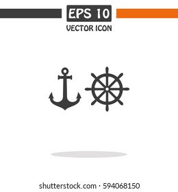 Ship Steering Wheel And Anchor  Vector Icon.