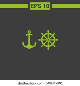 Ship Steering Wheel And Anchor  Vector Icon.