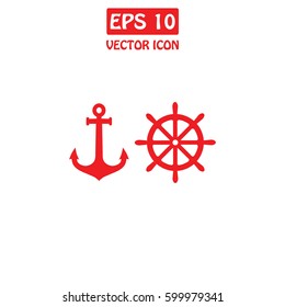 Ship Steering Wheel And Anchor  Vector Icon.