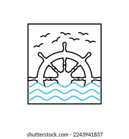Ship steering wheel with beach landscape logo design	