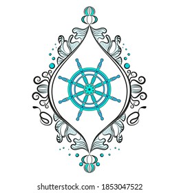 Ship Steering wheel in a beautiful frame. Vector illustration isolated on white background.