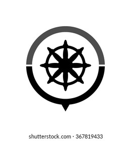 Ship steering wheel - black vector icon; map pointer;  message bubble