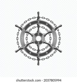 Ship steering wheel with chain link. Vintage nautical badge. Old rudder isolated on white background. Helm icon.  Vector illustration EPS 10.