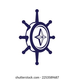 Ship steering wheel and compass rose navigation symbol or logo isolated on white background - vector illustration