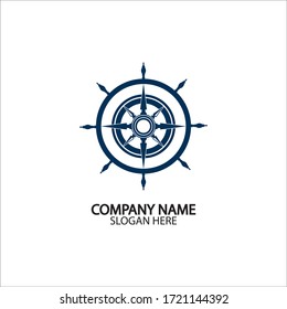 Ship steering wheel and conpass rose navigation symbol or logo isolated on white background - vector illustration