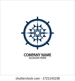 Ship steering wheel and conpass rose navigation symbol or logo isolated on white background - vector illustration