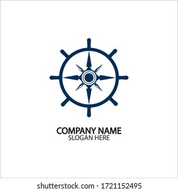 Ship steering wheel and conpass rose navigation symbol or logo isolated on white background - vector illustration