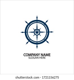 Ship steering wheel and conpass rose navigation symbol or logo isolated on white background - vector illustration