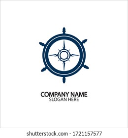 Ship steering wheel and conpass rose navigation symbol or logo isolated on white background - vector illustration