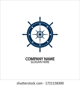 Ship steering wheel and conpass rose navigation symbol or logo isolated on white background - vector illustration