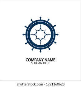 Ship steering wheel and conpass rose navigation symbol or logo isolated on white background - vector illustration