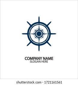 Ship steering wheel and conpass rose navigation symbol or logo isolated on white background - vector illustration