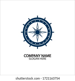 Ship steering wheel and conpass rose navigation symbol or logo isolated on white background - vector illustration