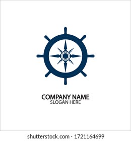 Ship steering wheel and conpass rose navigation symbol or logo isolated on white background - vector illustration