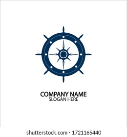 Ship steering wheel and conpass rose navigation symbol or logo isolated on white background - vector illustration