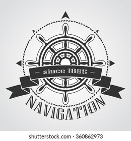 Ship steering wheel corporate emblem with banner. Navigation company logo. Vector illustration. 