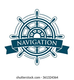Ship steering wheel corporate emblem with banner isolated on white background. Navigation symbol. Vector illustration. 