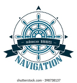 Ship steering wheel corporate emblem with banner isolated on white background. Navigation symbol. Vector illustration. 