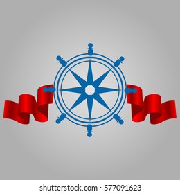 Ship steering wheel corporate logo with red ribbon vector illustration eps 10