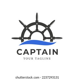 Ship steering wheel design illustration with ocean waves can be used for sailing ship logo, Wave Symbol