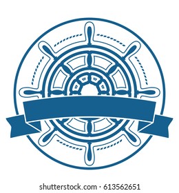 Ship steering wheel emblem with banner isolated on white background. Vector illustration